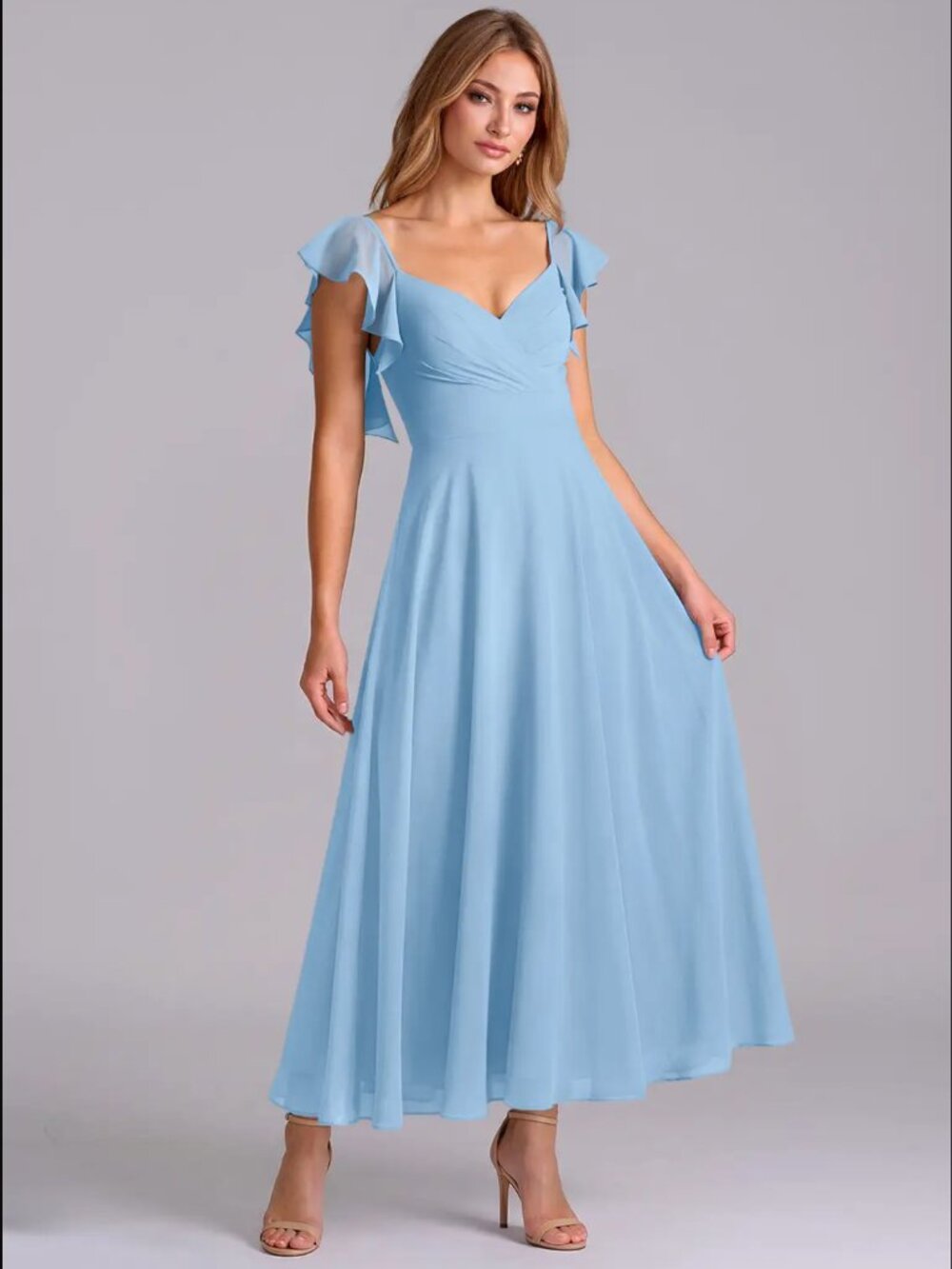 Azazie Leilani Powder Blue A-Line Ruched Chiffon Dress Size 8 - Picture 3 of 5